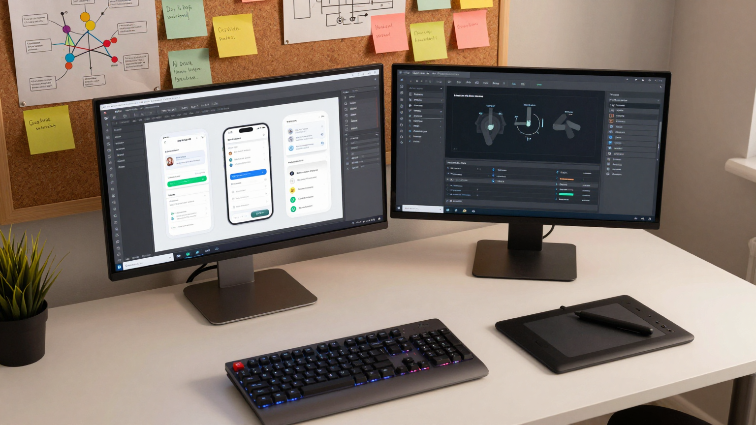 UX 디자이너의 작업 환경 — Figma가 열린 듀얼 모니터와 사용자 여정 맵이 붙은 코르크 보드