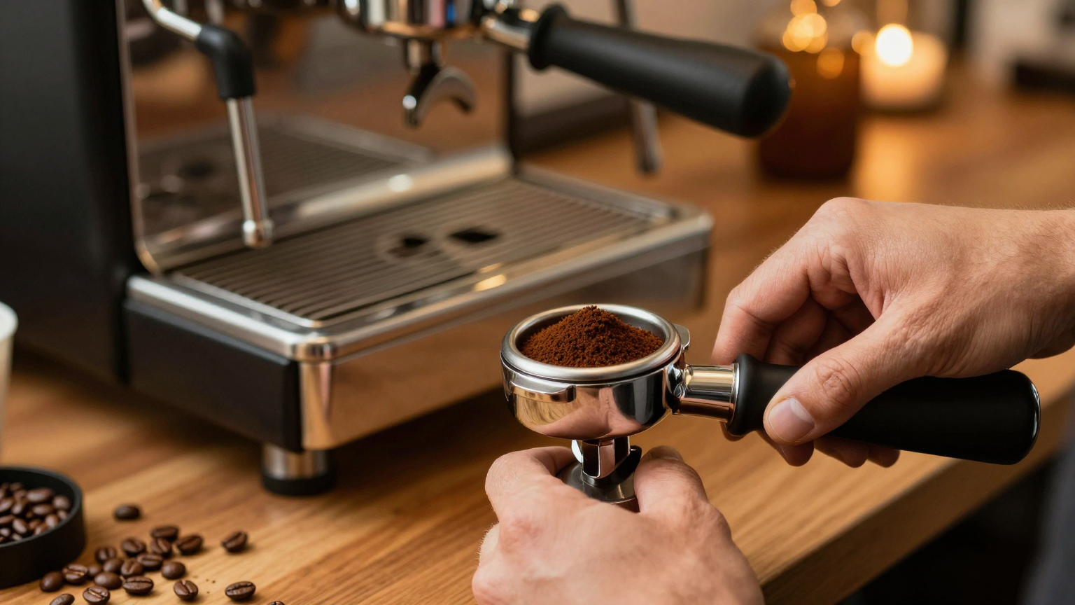 바리스타가 에스프레소 머신 앞에서 커피를 추출하는 장면