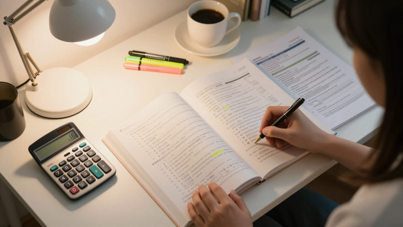 재경관리사 시험 공부 장면 - 회계 교재와 계산기가 놓인 책상