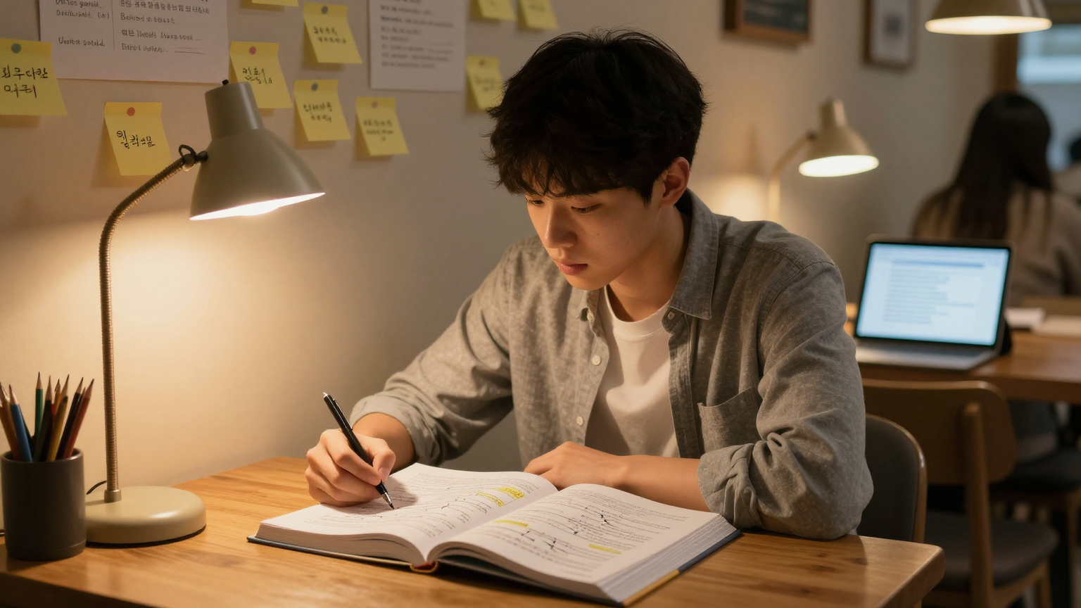 한국사 공부 장면 — 카페에서 역사 교과서와 타임라인 노트를 펼치고 공부하는 모습