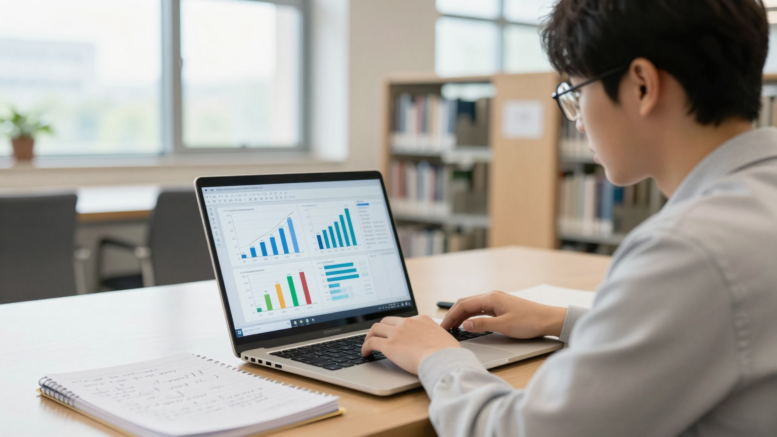 사회조사분석사 2급 시험 공부 모습 — SPSS 통계 프로그램 화면과 교재