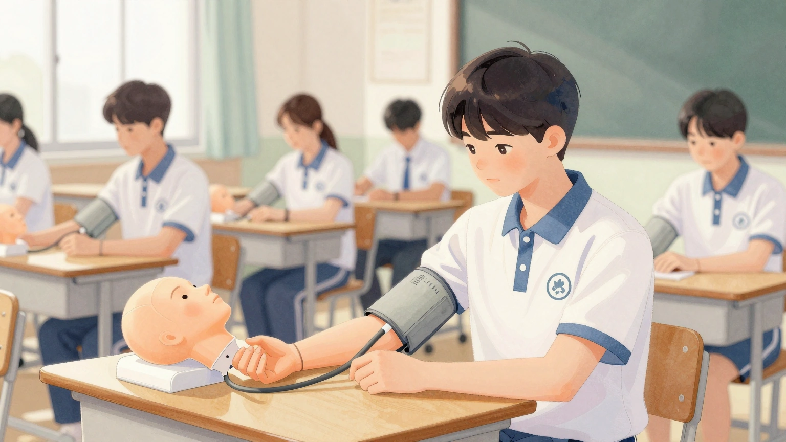 간호조무사 교육생이 학원 실습실에서 혈압 측정을 연습하는 모습