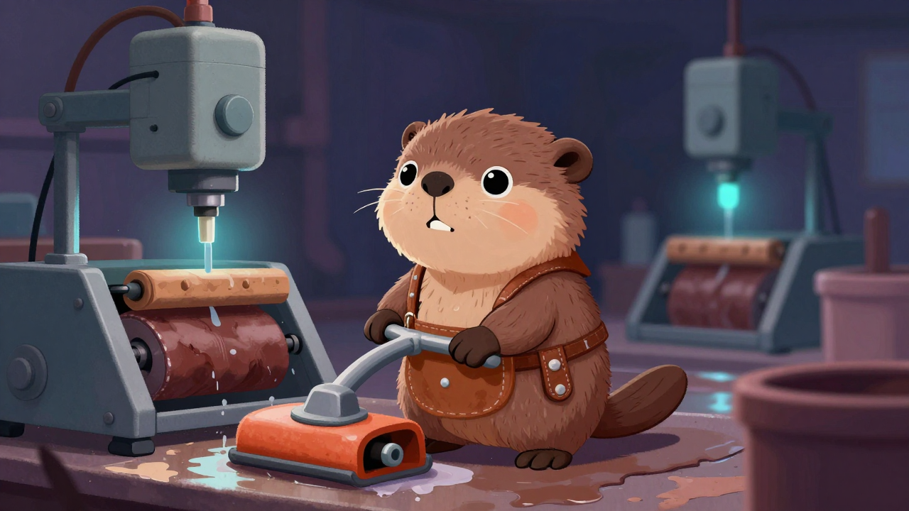 가죽탈수원 직업 종사자가 업무를 수행하는 모습