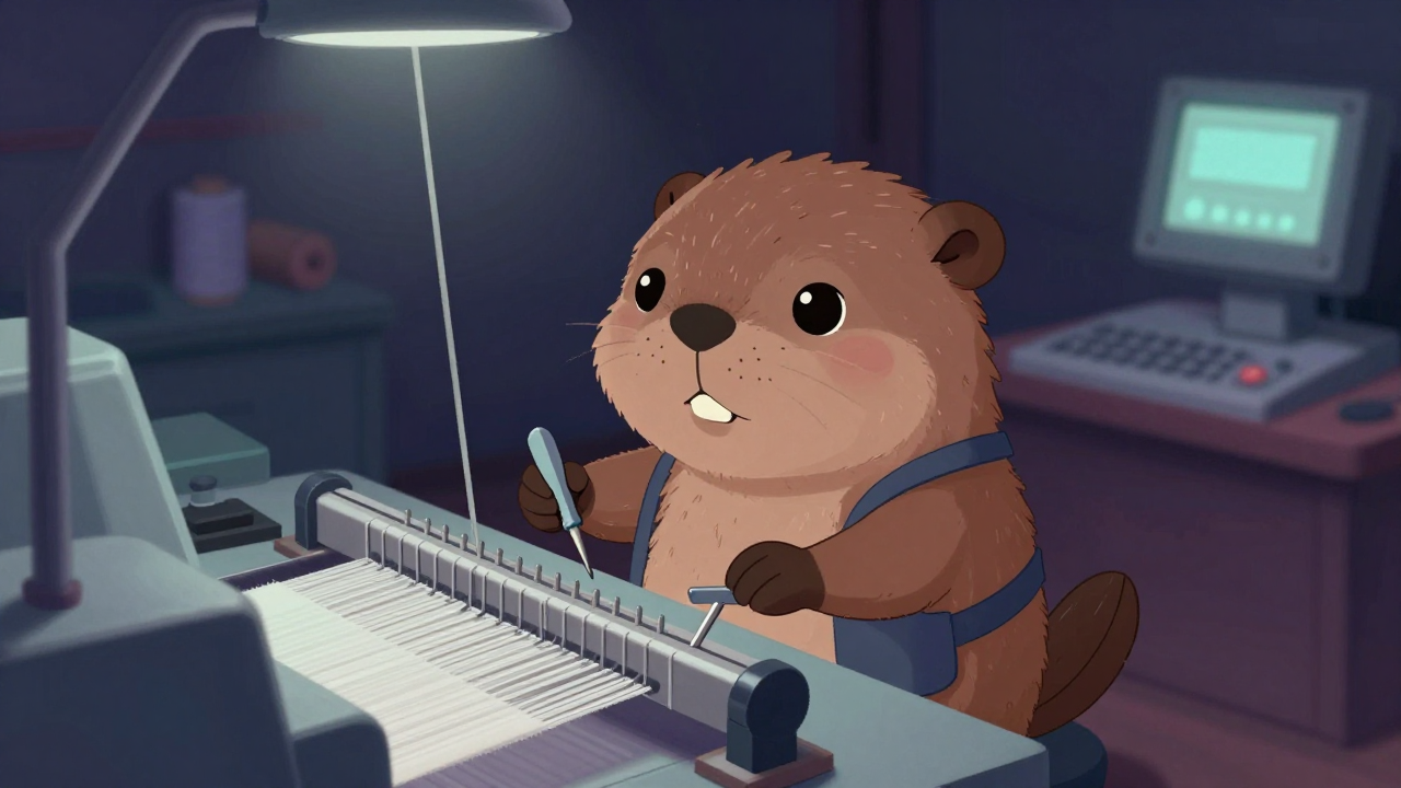 경편직기조정원 직업 종사자가 업무를 수행하는 모습