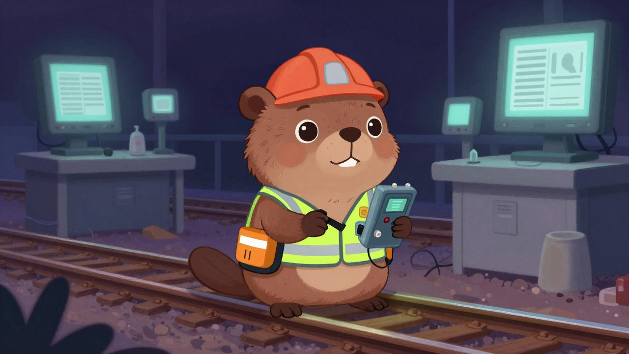 궤도시설안전검사원 직업 종사자가 업무를 수행하는 모습