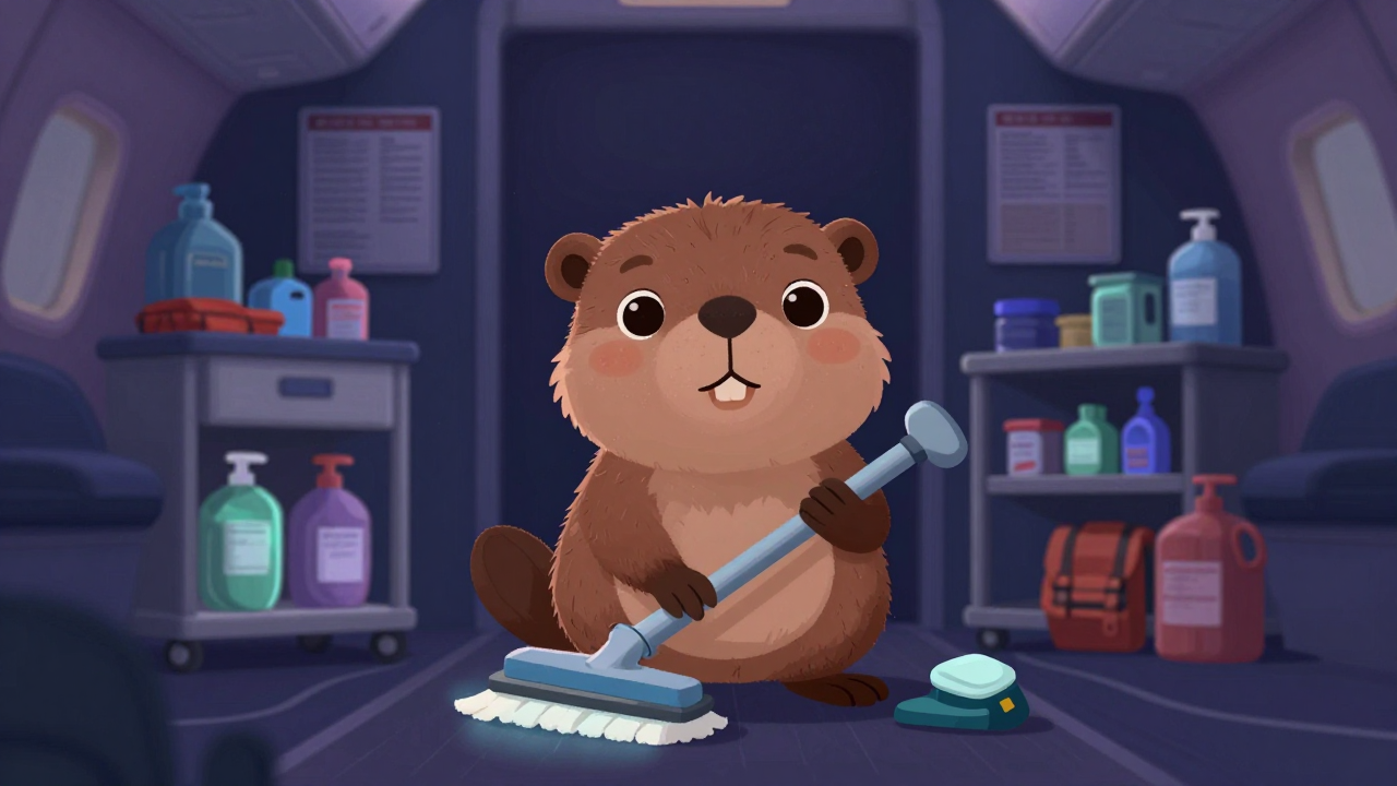 기내청소원 직업 종사자가 업무를 수행하는 모습