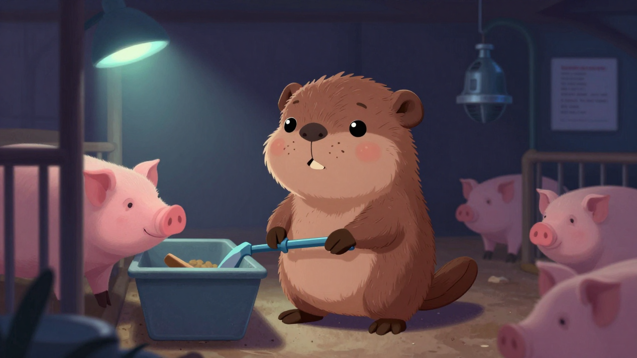 돼지사육사 직업 종사자가 업무를 수행하는 모습