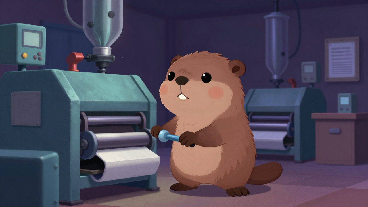 롤러압착기조작원 직업 종사자가 업무를 수행하는 모습