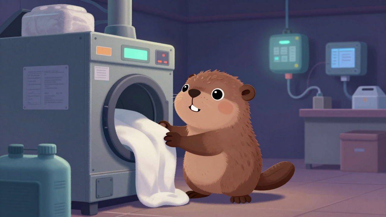 세탁기계조작원 직업 종사자가 업무를 수행하는 모습