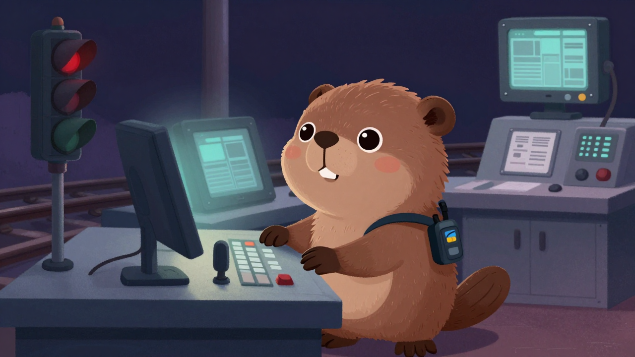 열차신호원 직업 종사자가 업무를 수행하는 모습