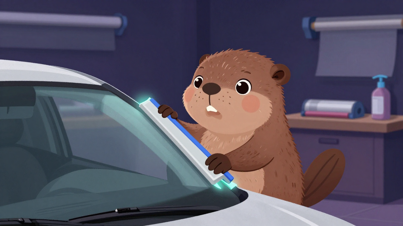 자동차선팅필름부착원 직업 종사자가 업무를 수행하는 모습