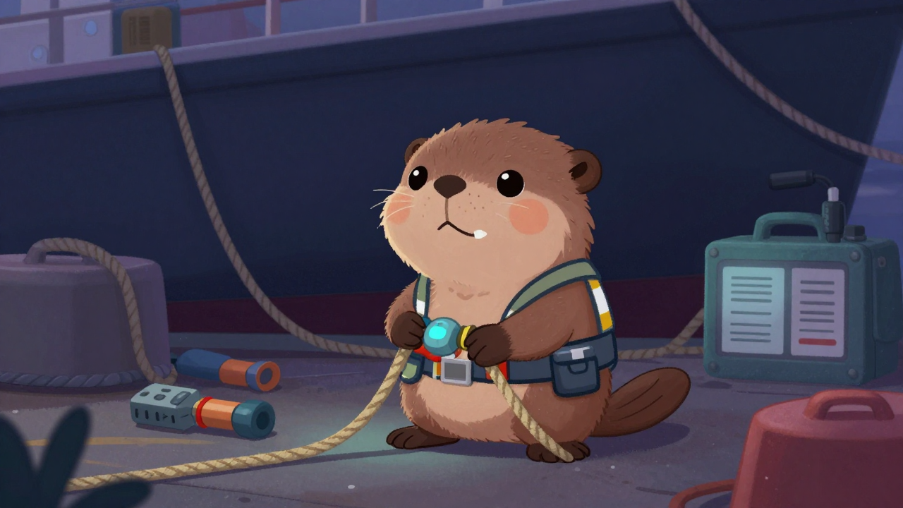 줄잡이원 직업 종사자가 업무를 수행하는 모습