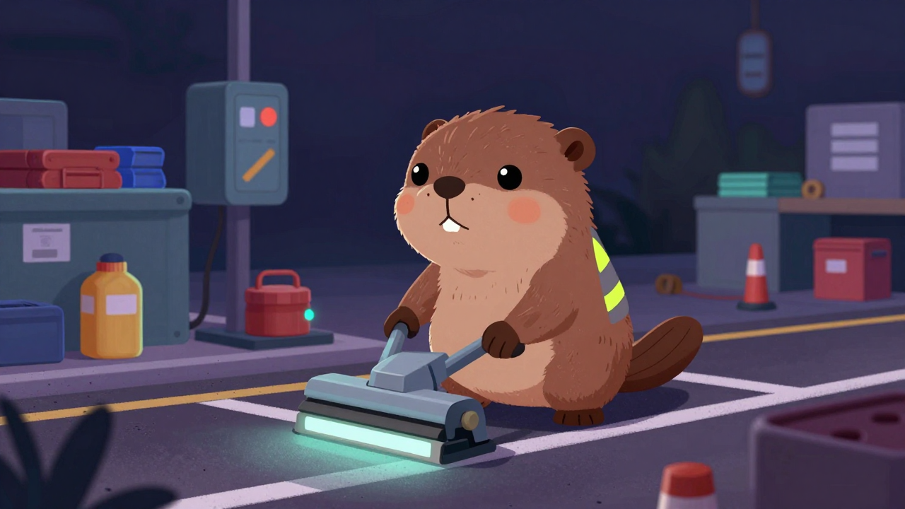 차선도색보조원 직업 종사자가 업무를 수행하는 모습